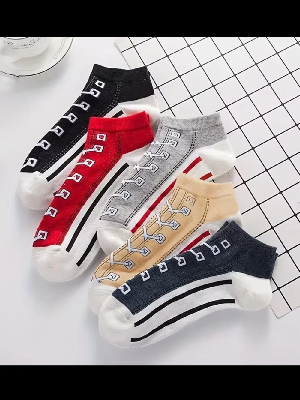 Low-Cut Athletic FUN Socks - Black, Red, Gray, Cream, Dark Gray (5-Pack)